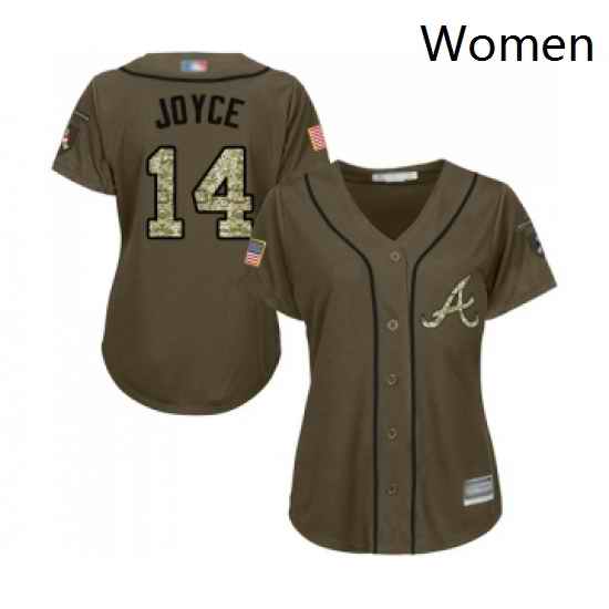Womens Atlanta Braves 14 Matt Joyce Authentic Green Salute to Service Baseball Jersey